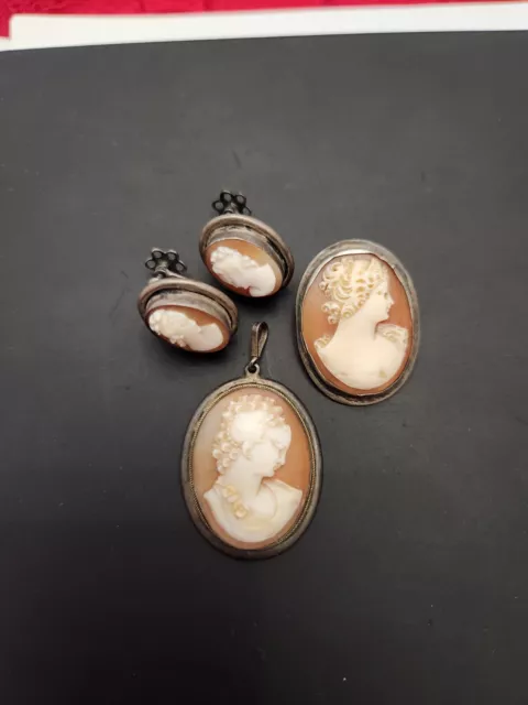 Antique 800 Sterling Silver Cameo Pendant, brooch, Earring Set