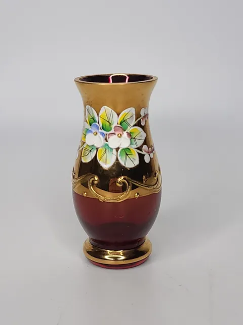 Venetian Murano Glass Bud Vase Ruby Red  Gold Hand Painted Enamel