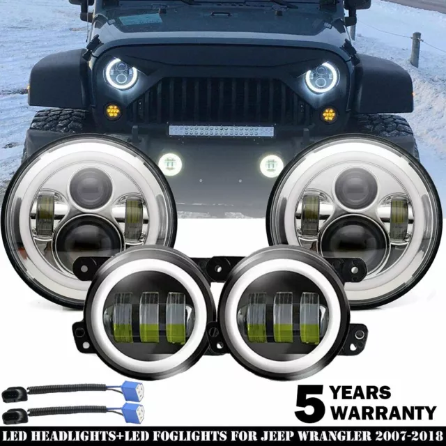 For Jeep Wrangler JK 7" Headlights High Low Beam+ LED Halo Fog Light Super White