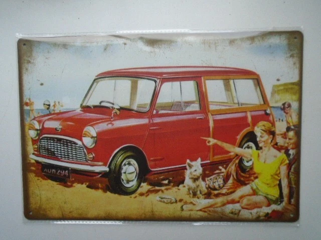 Großes Retro Style Morris Mini Traveller Oldtimer Dose Werbeschild, Garage