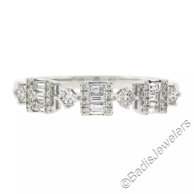 18k Oro Blanco 0.70ct Baguette Y Redondo Brillante Corte Diamante Apilable Banda