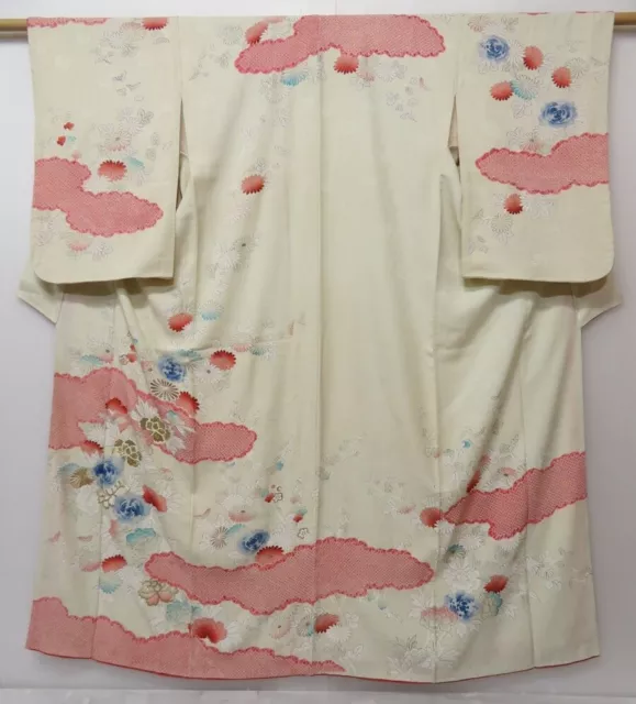 0907T09z860 Vintage Japanese Kimono Silk TSUKESAGE Smoky white Peony
