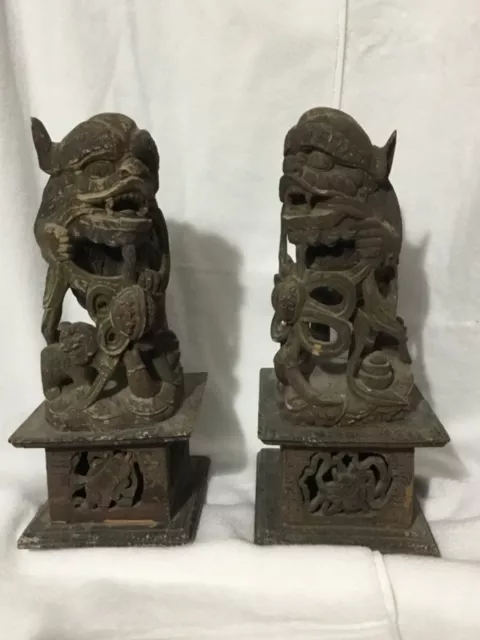 Great Original Pair Antique Chinese Carved Wood Foo Dog Figurines