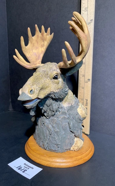 MOOSE Head BUST Statue Figurine Wood Base
