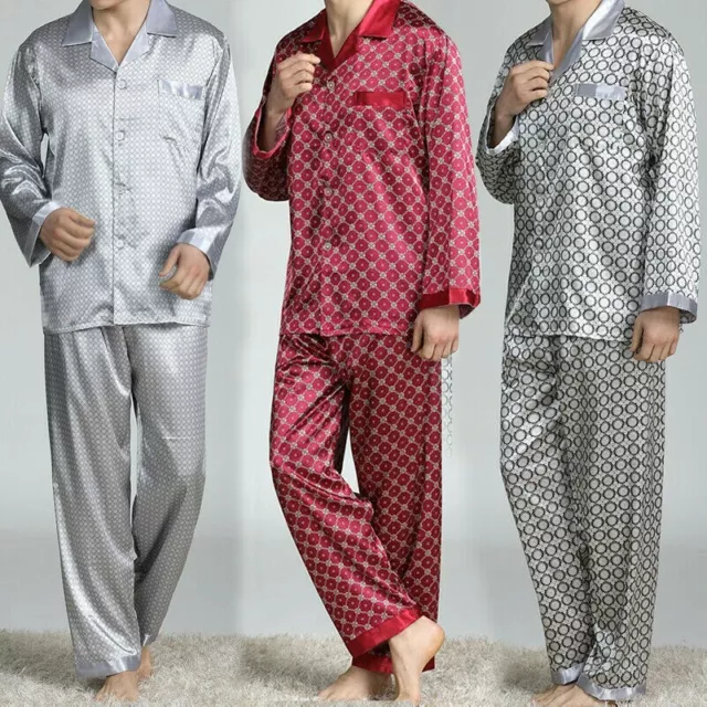 Hommes Pyjama Ensemble Faux Soie Manches Longues Pantalon Satin Doux Nightgown