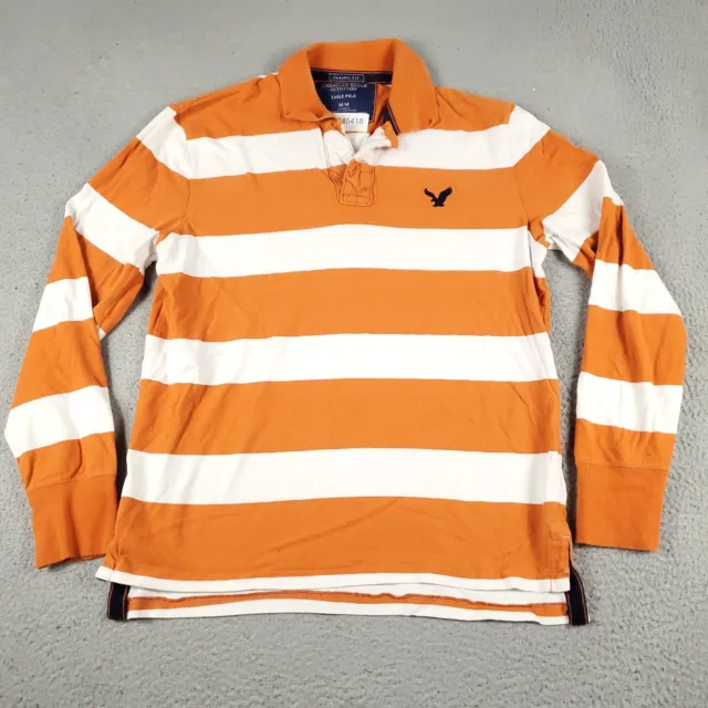 American Eagle Polo Shirt Mens Medium Orange Striped Casual Long Sleeve Adult *