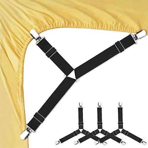 Bed Sheet Fasteners Adjustable Triangle Elastic Suspenders Gripper 4 PCS Black