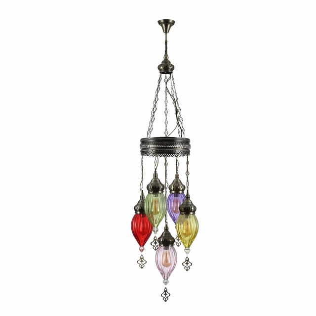 Moroccan Style Antique Brass and Multi Colour Glass Ceiling Chandelier Pendant L