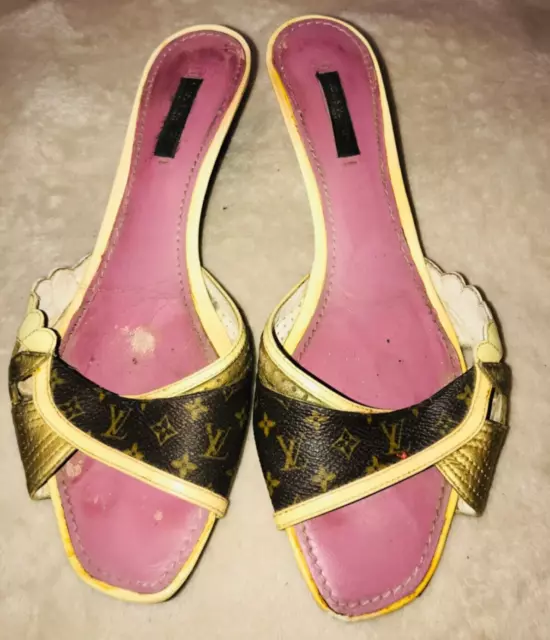 LOUIS VUITTON LEATHER MULES HEELS 37.5-7.5 TAN ITALY $1450- 9.5