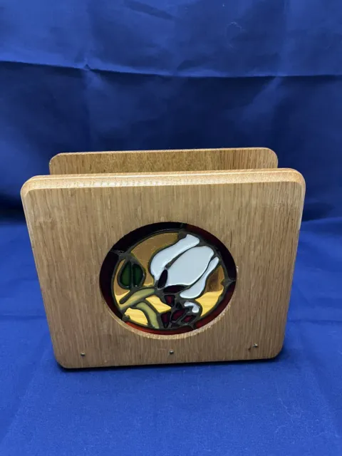 Vintage Napkin Holder Stained Glass Oak Wood Stand