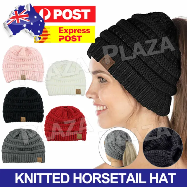 Women's Ponytail Beanie Skull Cap Winter Warm Stretch Cable Knit High Bun Hat