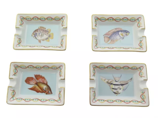 Neuf Set De 4 Mini Cendriers Hermes Poissons En Porcelaine Blanche Ashtrays 850€