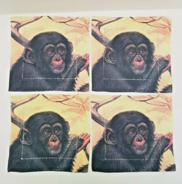 Monkey Linen Cocktail Napkins Neiman Marcus Set Of Four   3163