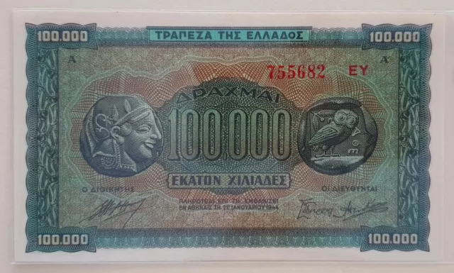 GREECE 1944 100,000 100000 Drachmai P 125 b UNC