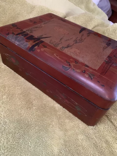 Vtg Antique Asian Chinese Red Lacquer Box~Hand Painted Floral + Birds~Lidded~10”