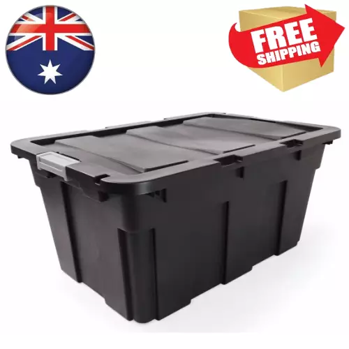 100L Large Heavy Duty Plastic Storage Box Organizer Bin Container - Black Lid AU