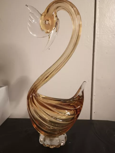 Murano Sommerso Art Glass Crane / Swan Figurine Mid Century Modern Amber