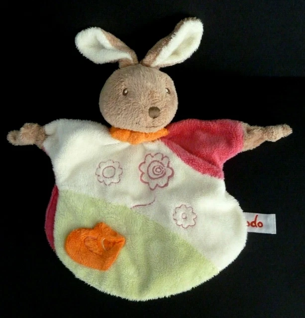 *. Doudou Marionnette Lapin Toodo Vert Blanc Rose Orange Coeur - Excellent Etat