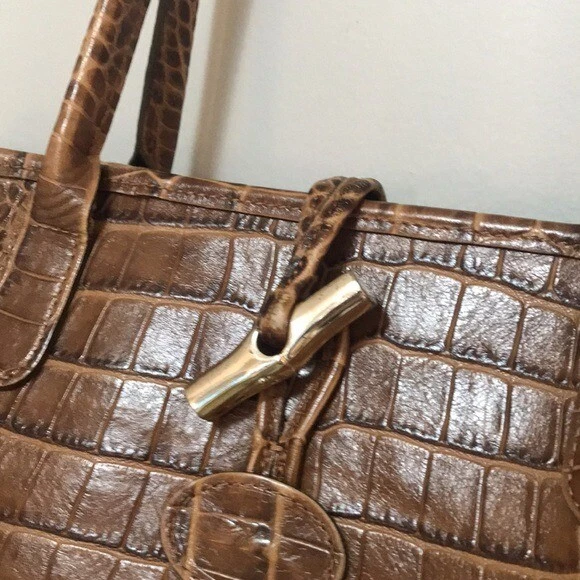 Longchamp Tan Brown Roseau Croc Embossed Leather Toggle Shopper Top Handle Bag 3