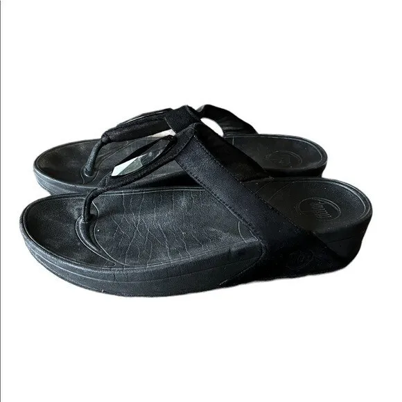 FitFlop Women’s Chada Black Embellished Oval Gem Wedge Sandal Soft Suede Size 8