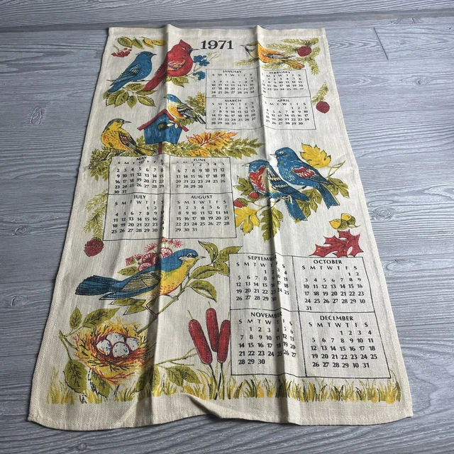 1971 LINEN HANGING Calendar Kitchen Tea Towel Vintage Birds Outdoors