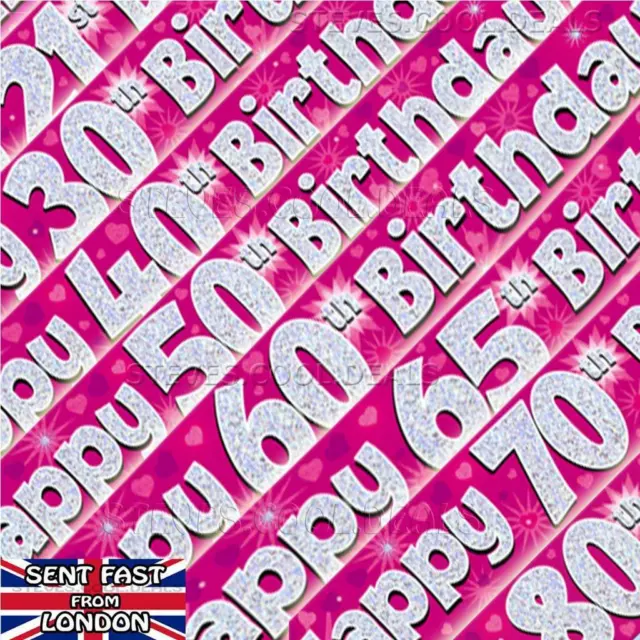 Alles Glückliche Geburtstag Alter Banner Rosa Herzen Mädchen Holographisch 9 Fuss Langes Partybanner