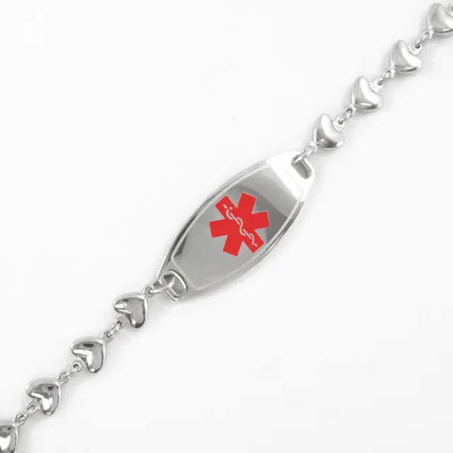 Pre Engraved - Unisex - DIABETIC ID, Medical Alert Bracelet, HEART Chain