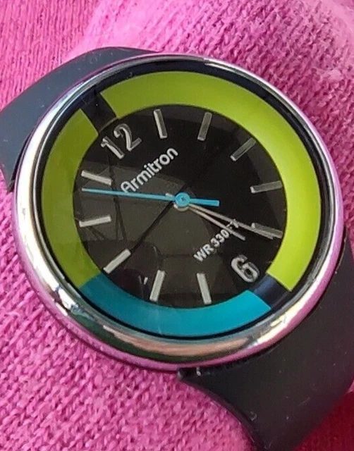 Armitron Watch Black Silicone Strap Silver Neon Green Blue
