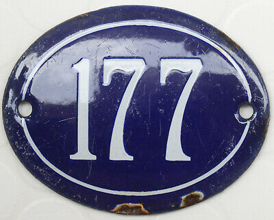 Old blue oval French house number 177 door gate plate plaque enamel steel sign
