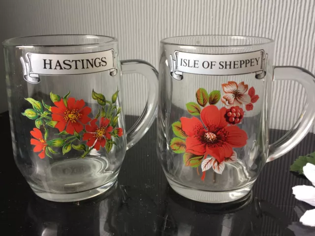 2x Hastings Half Pint Beer Tankard Glass Clear Red Flowers Drink Glassware 284ml