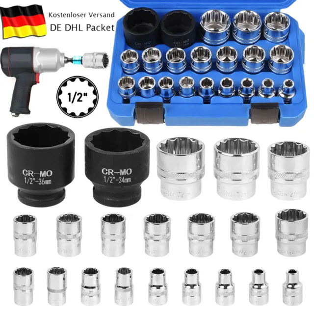 8-36mm Steckschlüssel Vielzahn Nuss 1/2" Satz Stecknuss Nusskasten Vielzahnnuss