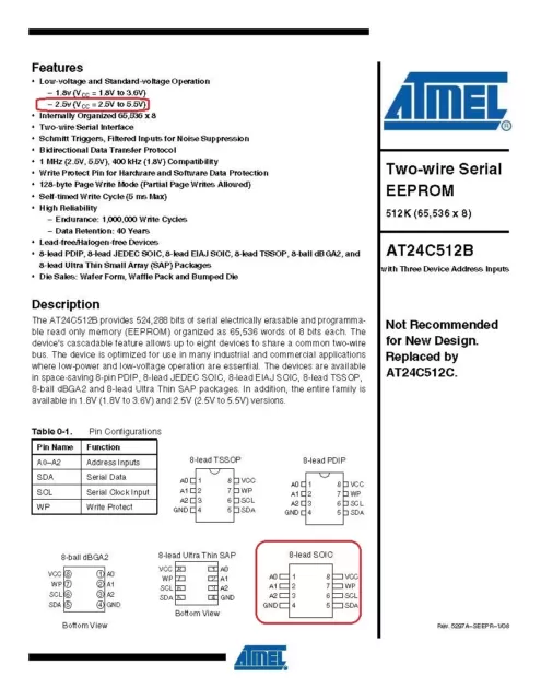 1/5/10Pcs Atmel AT24C512BN-SH25-B 512 kbit (64k x 8) EEPROM 2.5-5.5V I2C SOIC-8 2