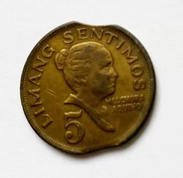 1968 Philippine 5 Sentimos ERROR  Double Clipped Tandang Sora Banko Sentral Coin