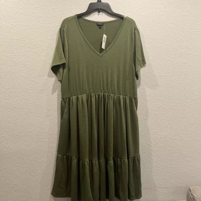 Torrid Babydoll Skater Dress 2X Green Mini Rib Knit Tiered Pockets NWT New