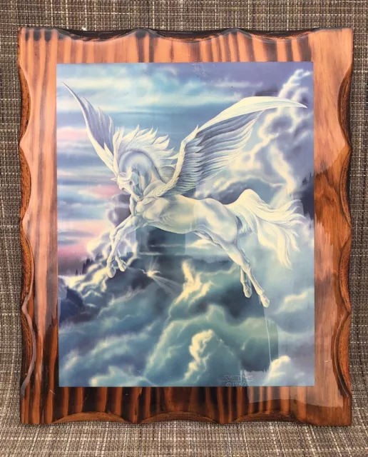 VTG 80s Unicorn Pegasus Wall Picture Sue Dawe Wood Art Decor Lacquered 12" x 10"