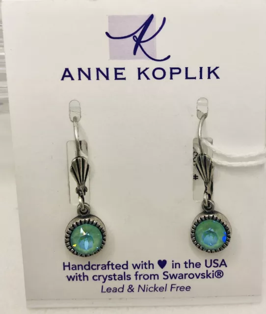 Anne Koplik Silver Tone Leverback  Swarovski Aqua Crystal Dangle Earrings USA 2