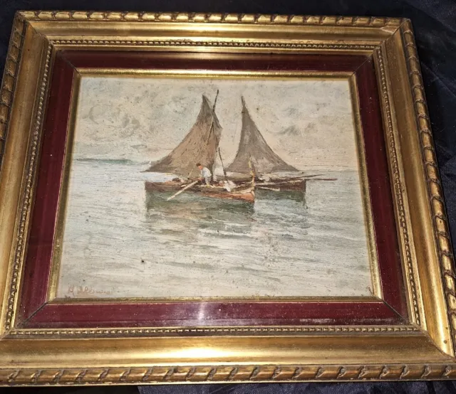Dipinto Ad Olio Su Tavola Antico .marina