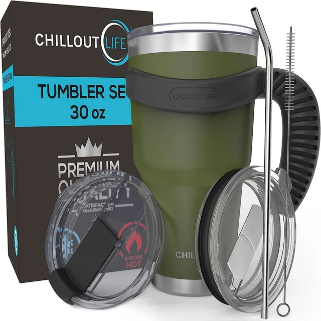 Stainless Steel 30 Oz Travel Mug - 6 Piece Set Tumbler with Handle, Straw, Clean