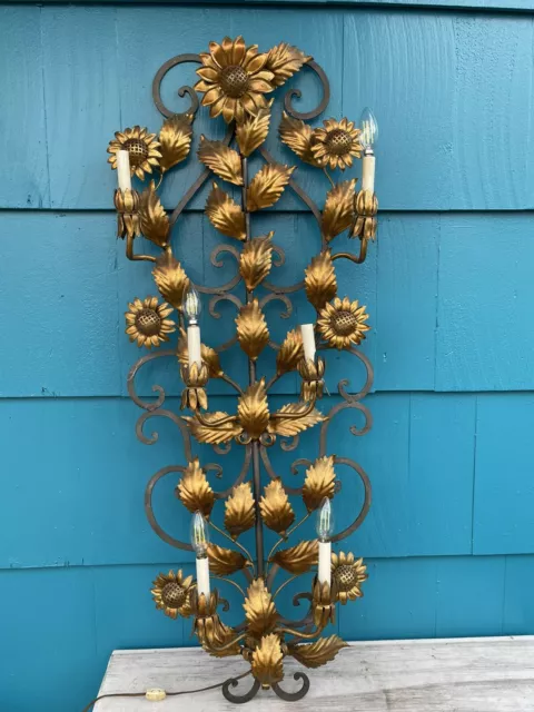 MCM Italian Tole Metal Floral Electric Wall Sconce 6 Light Gold Gilt Hollywood 2