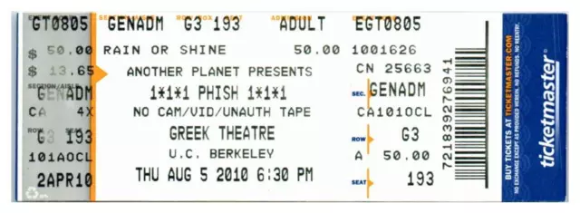 Phish Untorn Concert Ticket Stub August 5 2010 University Of California Berkeley