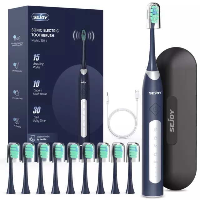 SEJOY Sonic Electric Toothbrush Rechargeable Travel Case 5 Modes 10 Brush Heads