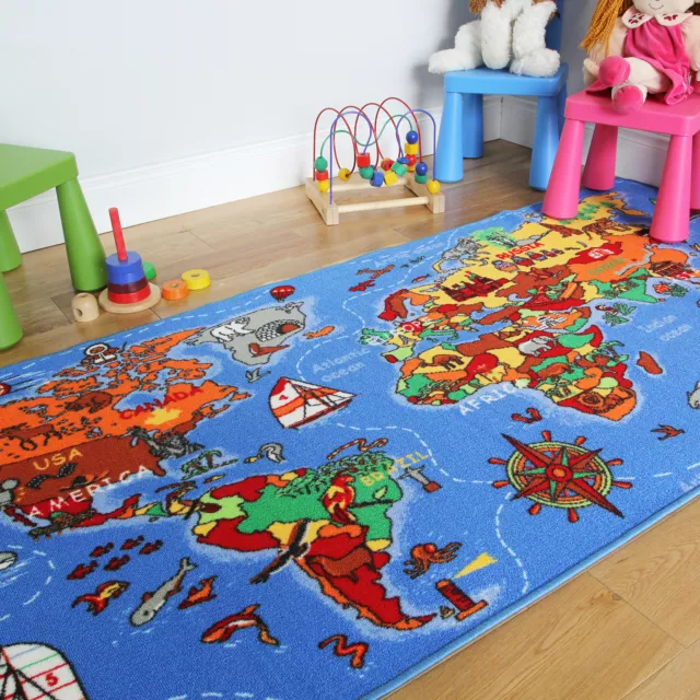 Kids Play Mat Educational Fun World Map Country Rugs Non-Slip Small Large 3 Size