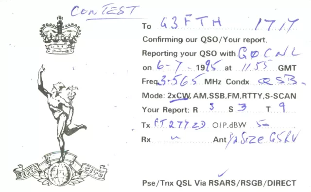 1 x QSL Card Radio UK RSARS 2211 G0CNL Contest 1995 ≠ T1019