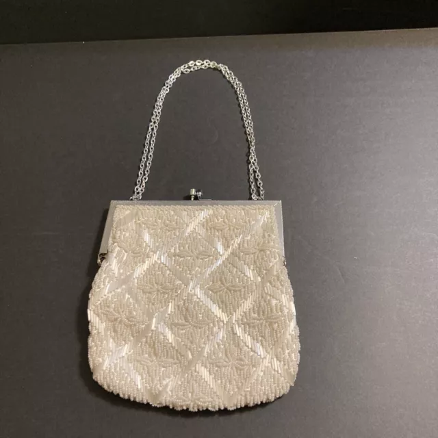 Vintage MAGID Handmade Micro Beaded Handbag Purse White Jeweled