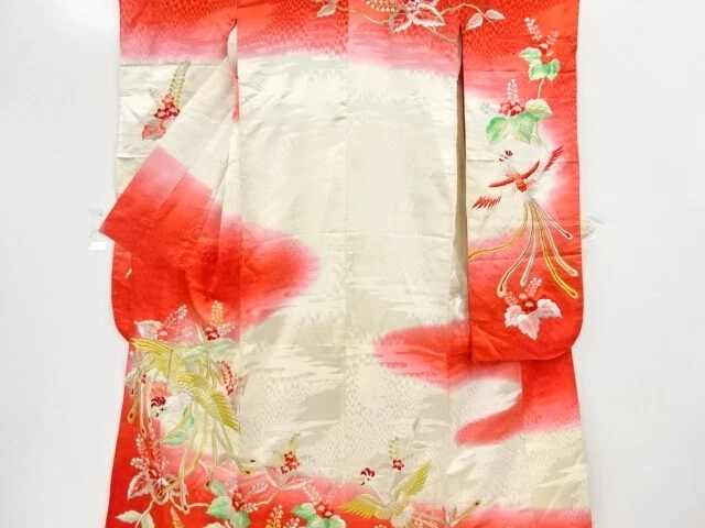 46885# Japanese Kimono / Antique Kakeshita / Embroidery / Phoenix & Paulowni