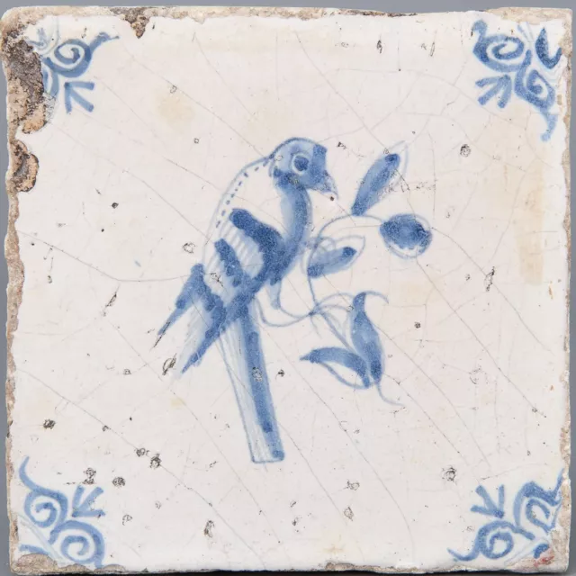 Nice Dutch Delft Blue tile, bird, mid 17th. century.
