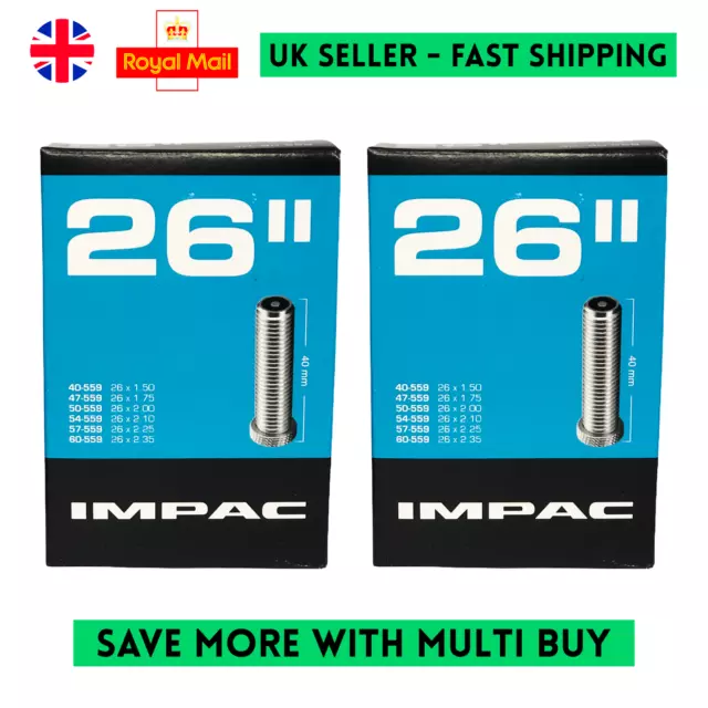 2 X Impac Inner Tube 26" INCH 40c-60c-559 Schrader Valve Mountain Bike MTB