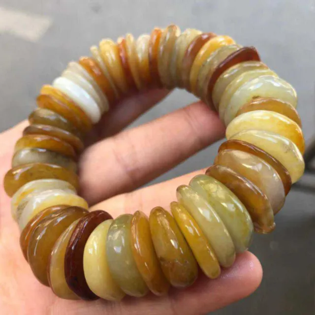 Large Special Pure Chinese Natural HeTian Jade Flat Beads Prayer Bracelet Relief