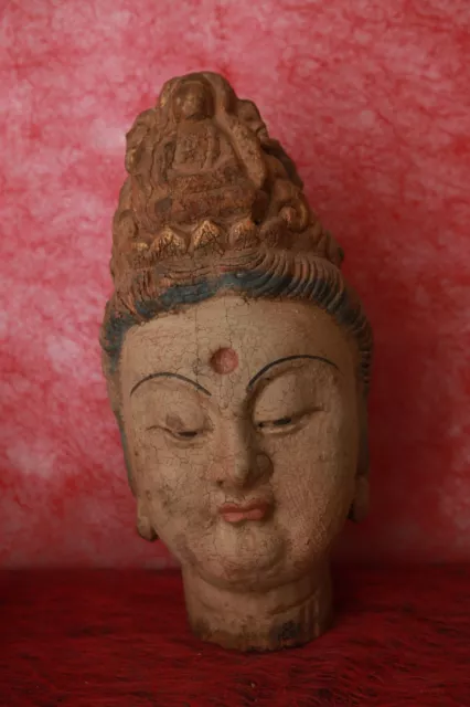Imposante, ancienne tête de Bouddha, magnifique belles couleurs bien conservées