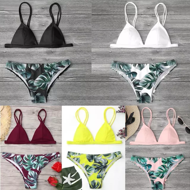 Women Swimwear Bikini Set Print Leaves Push-Up Padded Bathing Swimsuit Beachwear